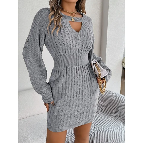 Grey Round Neck Sweater Dress - Picture 5 of 8